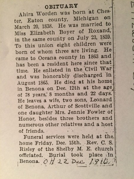 Ahira Worden Obit 12 Dec 1916