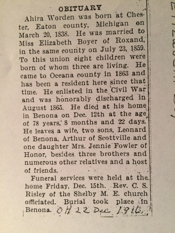 Ahira Worden Obit 12 Dec 1916
